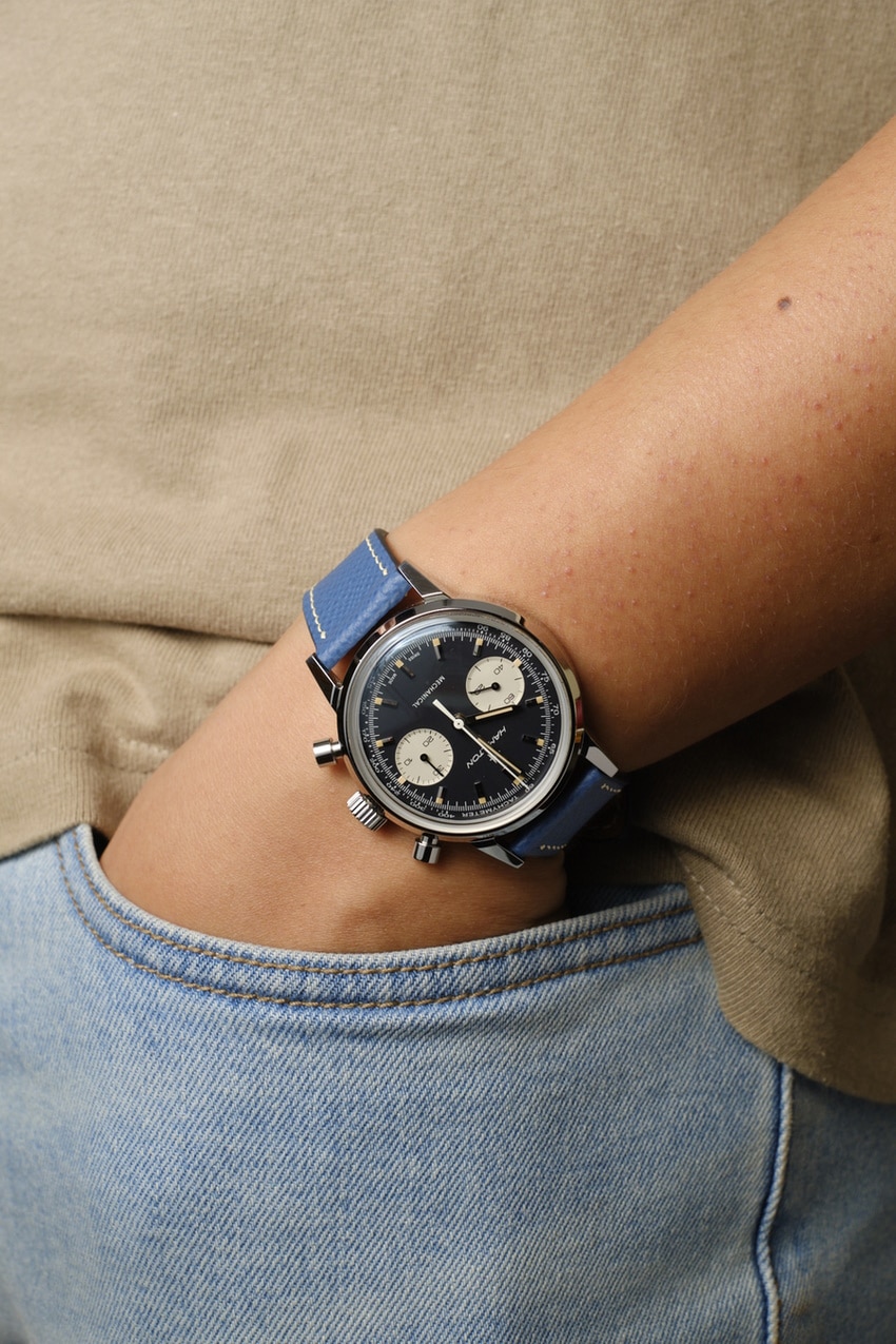 Wearing Delugs Navy Epsom Slim Strap